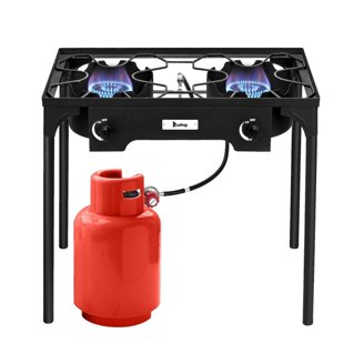 GasOne Two Burner Propane Camp Stove With Carry Bag - High Pressure, Adjustable Regulator, Weatherproof, For Outdoor Cooking