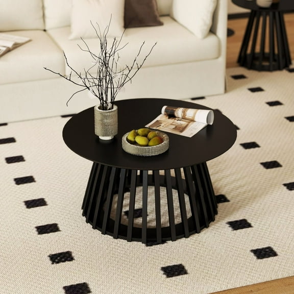 Dayalane Modern Round Coffee Table, 31.5" Wide Mid Century Wood Center Table with Fluted Base for Living Room, Home Small Spaces, Office, Apartments, Black