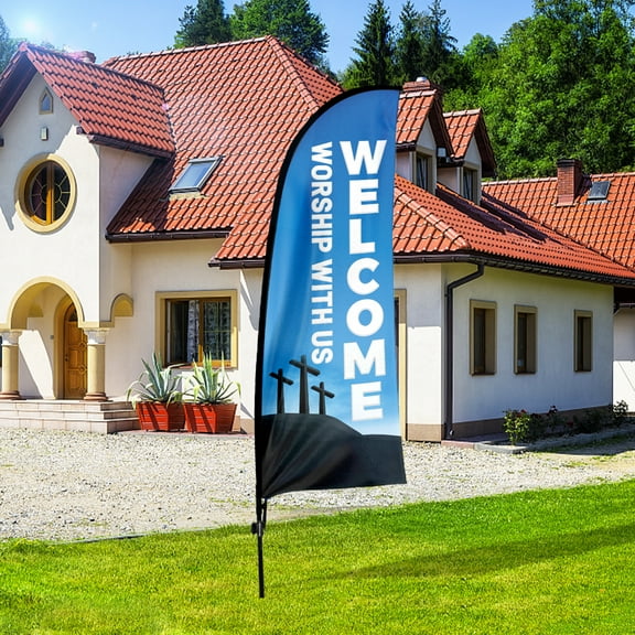 QSUM Welcome worship business Flag with Pole Kit , Welcome worship Advertising Feather Flag, 7FT Welcome worship Banner ,Commercial use flag