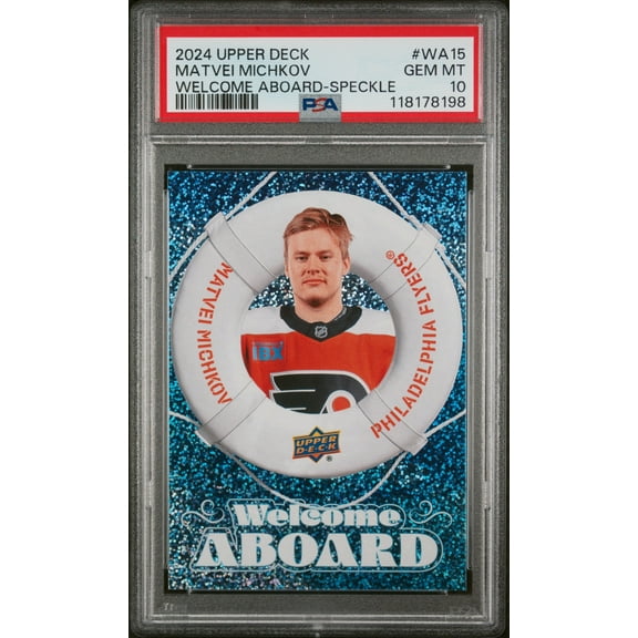 Graded 2024 Upper Deck Matvei Michkov #WA15 Welcome Aboard Speckle Rookie RC Hockey Card PSA 10 Gem Mint