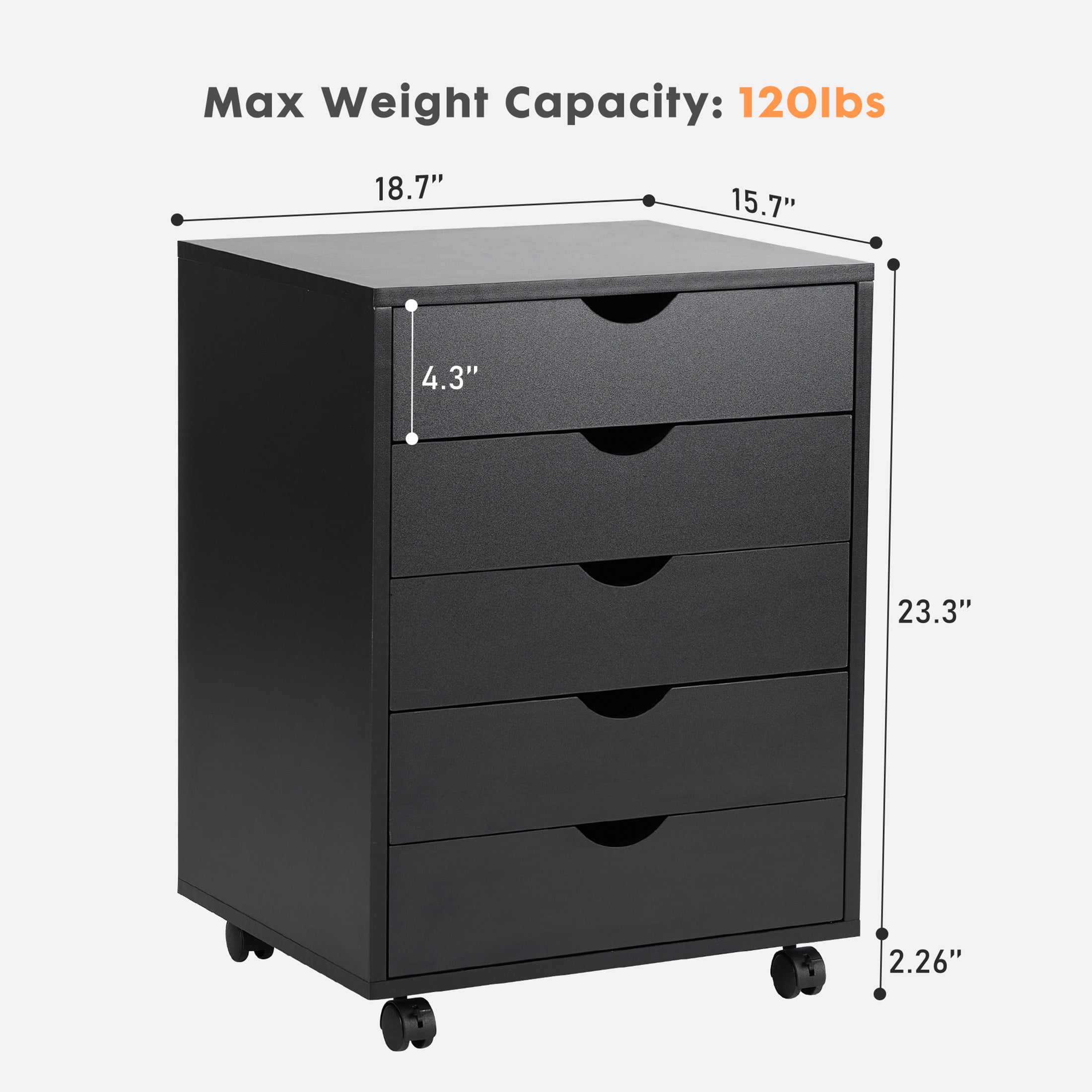 CONCETTA 5-Drawer File Cabinet, Lateral Filing Under Desk Storage Organizer with Wheels for Home Office, Black