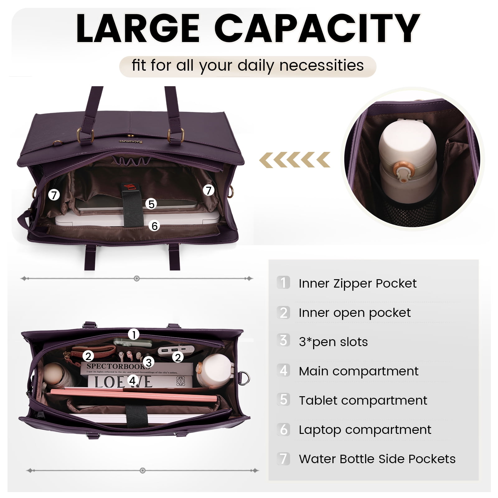 RAINSMORE Laptop Bag for Women 15.10 inch Laptop Tote Briefcase Waterproof Leather Computer Bag Work Tote Bags,Dark Purple