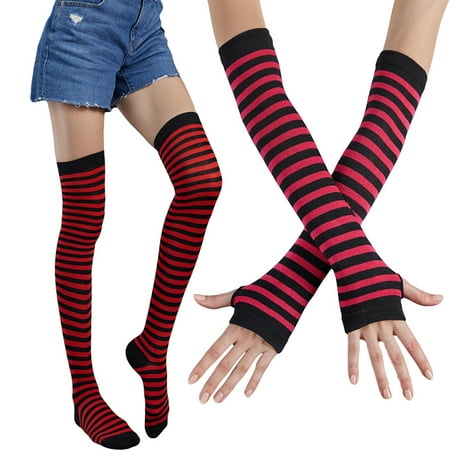 

Fashion Striped Cotton Long Tube Seven Rainbow Gloves + Socks Combination