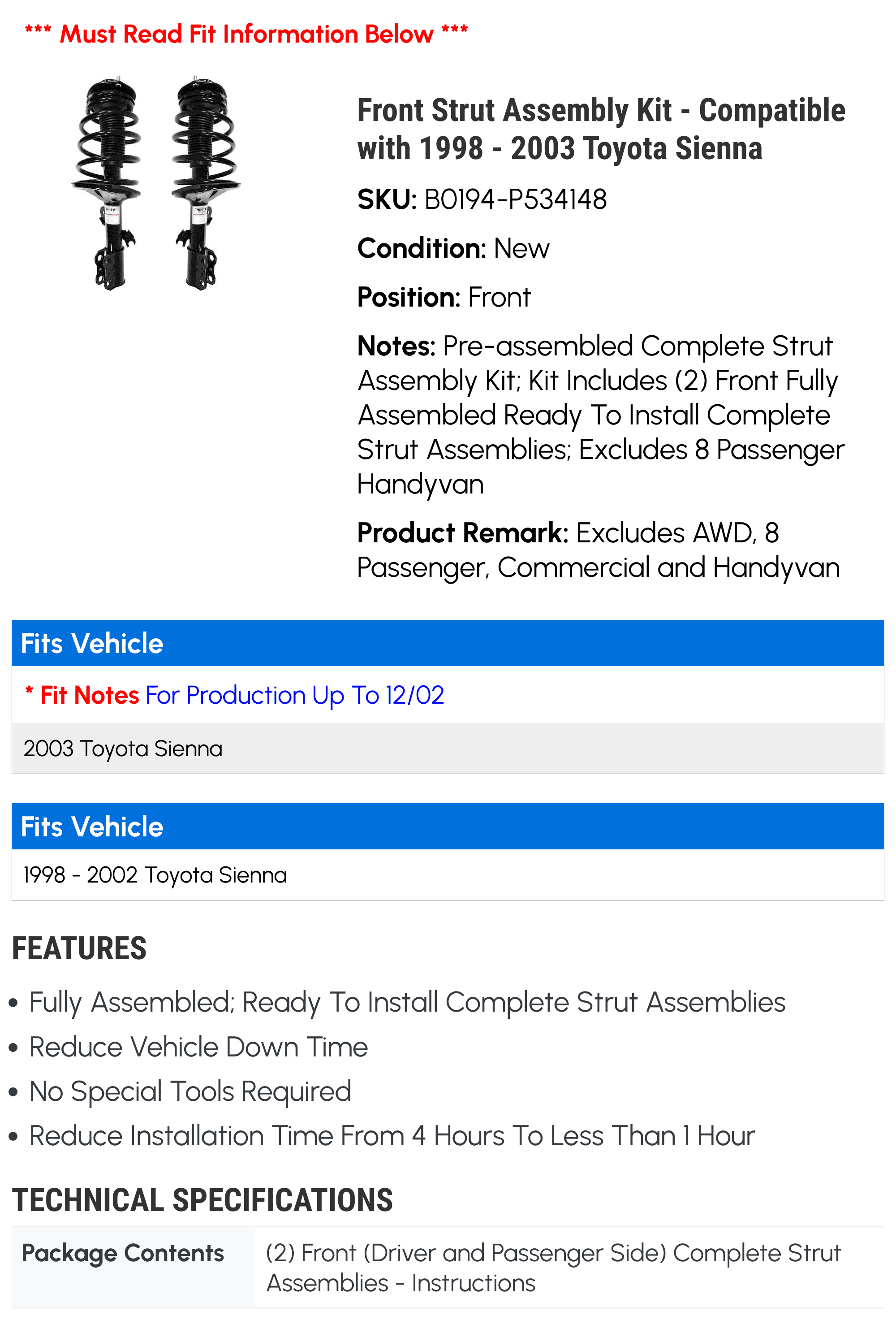 Front Strut Assembly Kit - Compatible with 1998 - 2003 Toyota Sienna 1999 2000 2001 2002