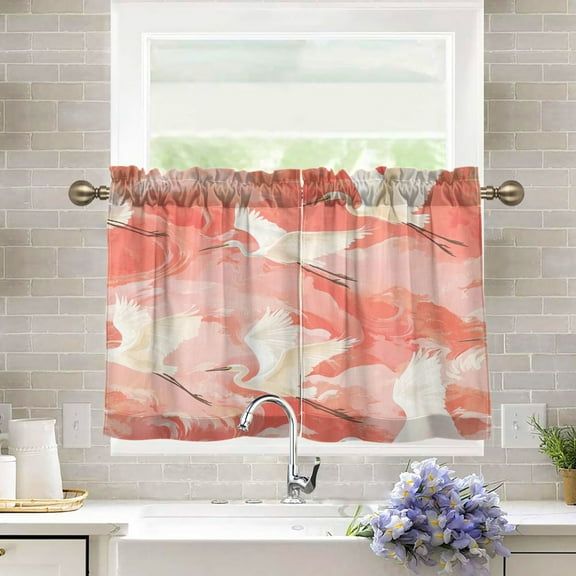 BZSMCE Set of 2 Pieces Kitchen Window Curtain Fashion Cranes on Coral Printed 27x24in/27x36in
