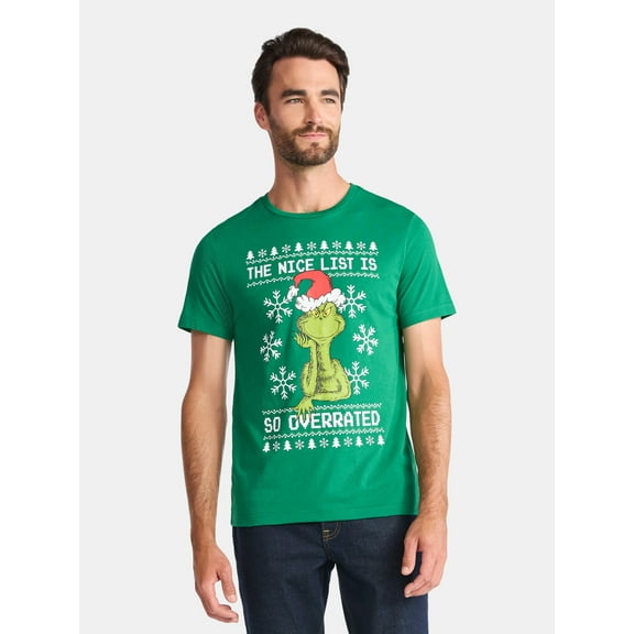 Grinch Nice List Men's and Big Men's Christmas Graphic Tee, Sizes XS-3XL