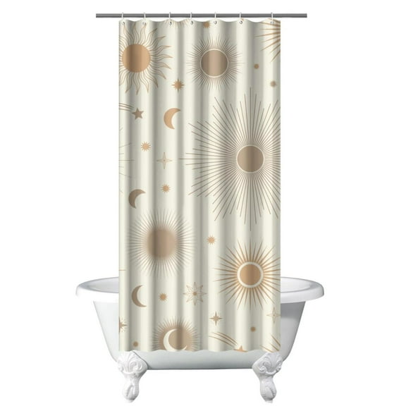 Goth Shower Curtain Mystical Starry Night Celestial Sun Moon Design, Golden Cosmic Aesthetic Fabric Curtain with Hooks, Spiritual Astrology Print for Bathroom, Dorm, or Rental