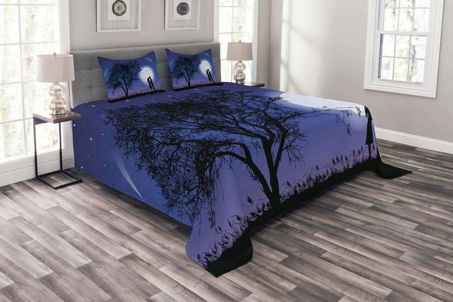 Night Bedspread Set, Romantic Composition with Full Moon Sky Tree Man
