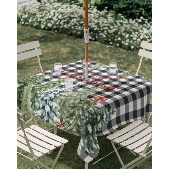 Outdoor Tablecloth with Umbrella Hole, Merry Christmas Trees Zippered Table Cloth for Rectangle Tables, Black White Plaid Background Washable Waterproof Tablecloths for Picnic Patio Garden
