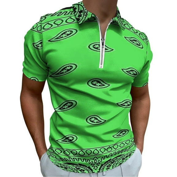 Green Paisley Bandana Pattern Men Zipper T-shirt Summer Casual Short Sleeve T-shirt Top