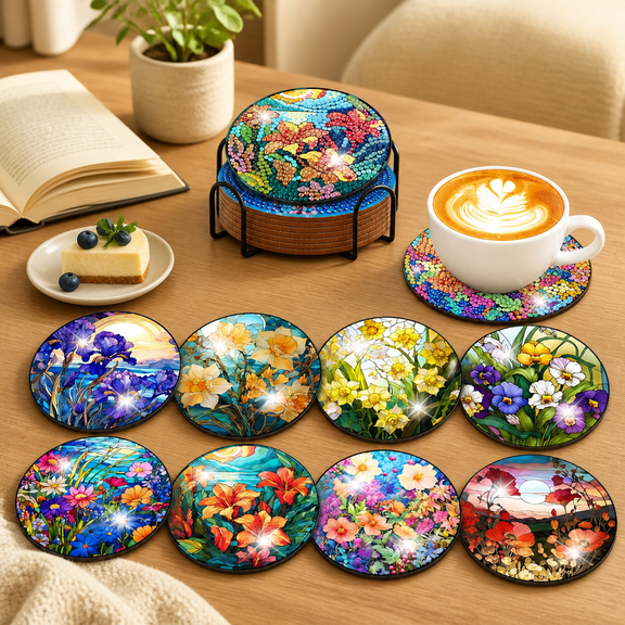 8 Pack Diamond Art Coasters Kit-Flowers Diamond Painting Coaster Kits with Holder Cork Pads DIY Flower Diamond Coasters Set for Adults Beginners Crafts Supplies