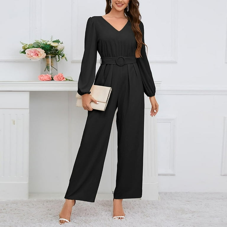 XiaoBanDeng Women s V Neck Jumpsuit Wide Leg Jump Suits Fall Backless One Piece Long Sleeve Jumper Pantsuit