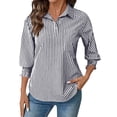 thumbnail image 3 of Women's Striped Button Down 3/4 Sleeve Classic Collar Shirt Blouse Top, Office Professional Business Casual Workwear, Elegant Longline Fit | CSEONE,Black XL, 3 of 9