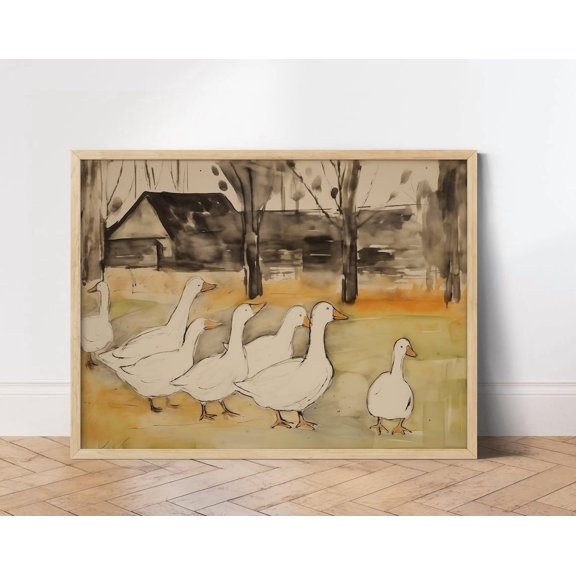 Geese Poster, Geese Wall Decor, Bird Watercolor Print, Antique Duck Painting, Farmhouse Wall Art, Cottagecore Home Decor Wall Art, Modern Wall Decor, 24x36 UNFRAMED