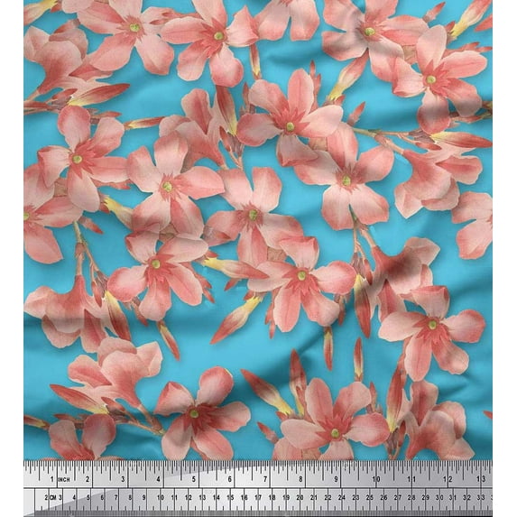 Soimoi Blue Georgette Viscose Fabric Peach Floral Print Fabric by The Yard 42 Inch Wide