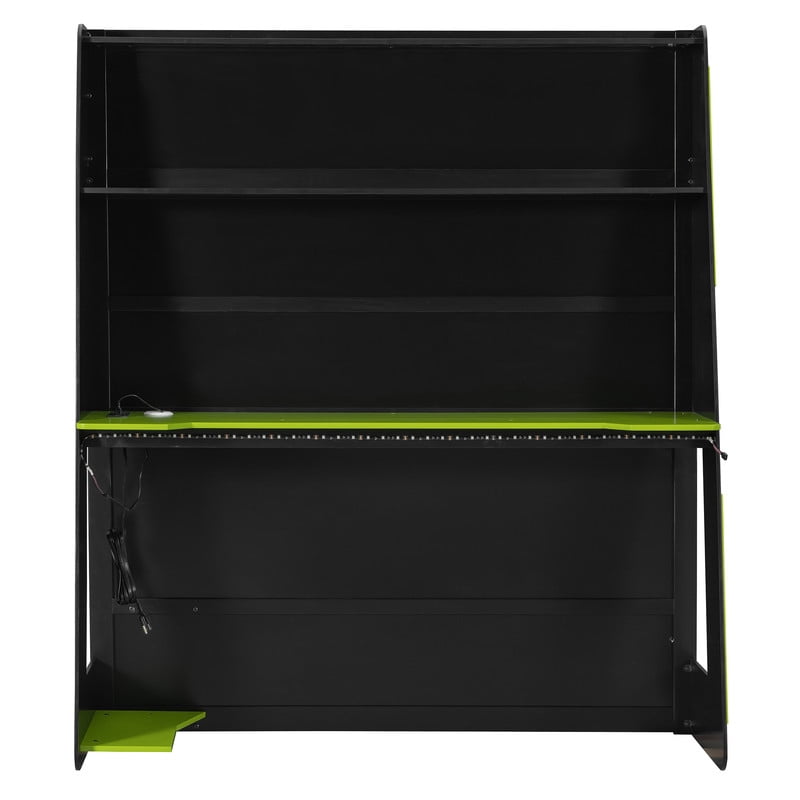 Full Size Loft Bed with Desk and RGB LED Lights, Wood Gaming Loft Bed Frame with Storage Shelves, TV Console Space and Multi-Functional Study Workstation for Teens Bedroom