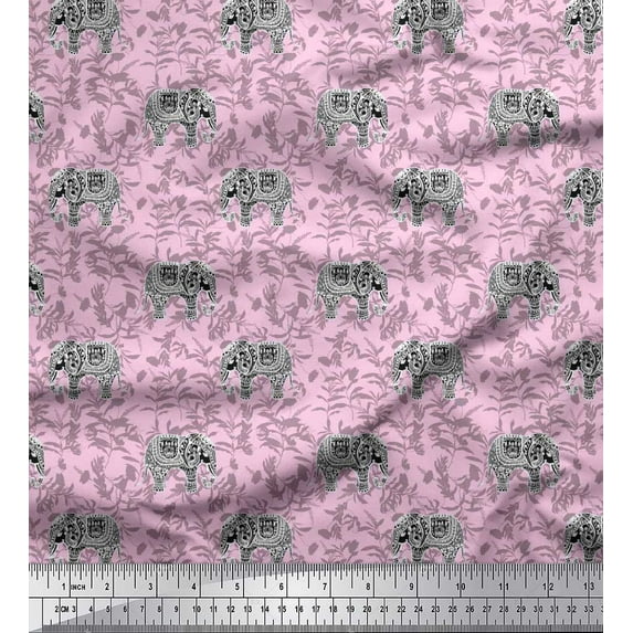 Soimoi Pink Modal Satin Fabric Leaves & Artistic Elephant Animal Printed Craft Fabric by the Yard 42 Inch Wide