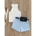 thumbnail image 3 of PaerPade Toddler Baby Girls Three-Piece Summer Outfits 6 9 12 Months 1T 2T 3T 4T Solid Color Sleeveless Ribbed Stand-Up Collar Tops + Belted Short Pants + Small Waist Pack, 3 of 10
