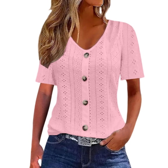 Womens Tops Short Sleeve Summer Tops For Women Casual Round Neck Loose Single Breasted Womens T Shirts