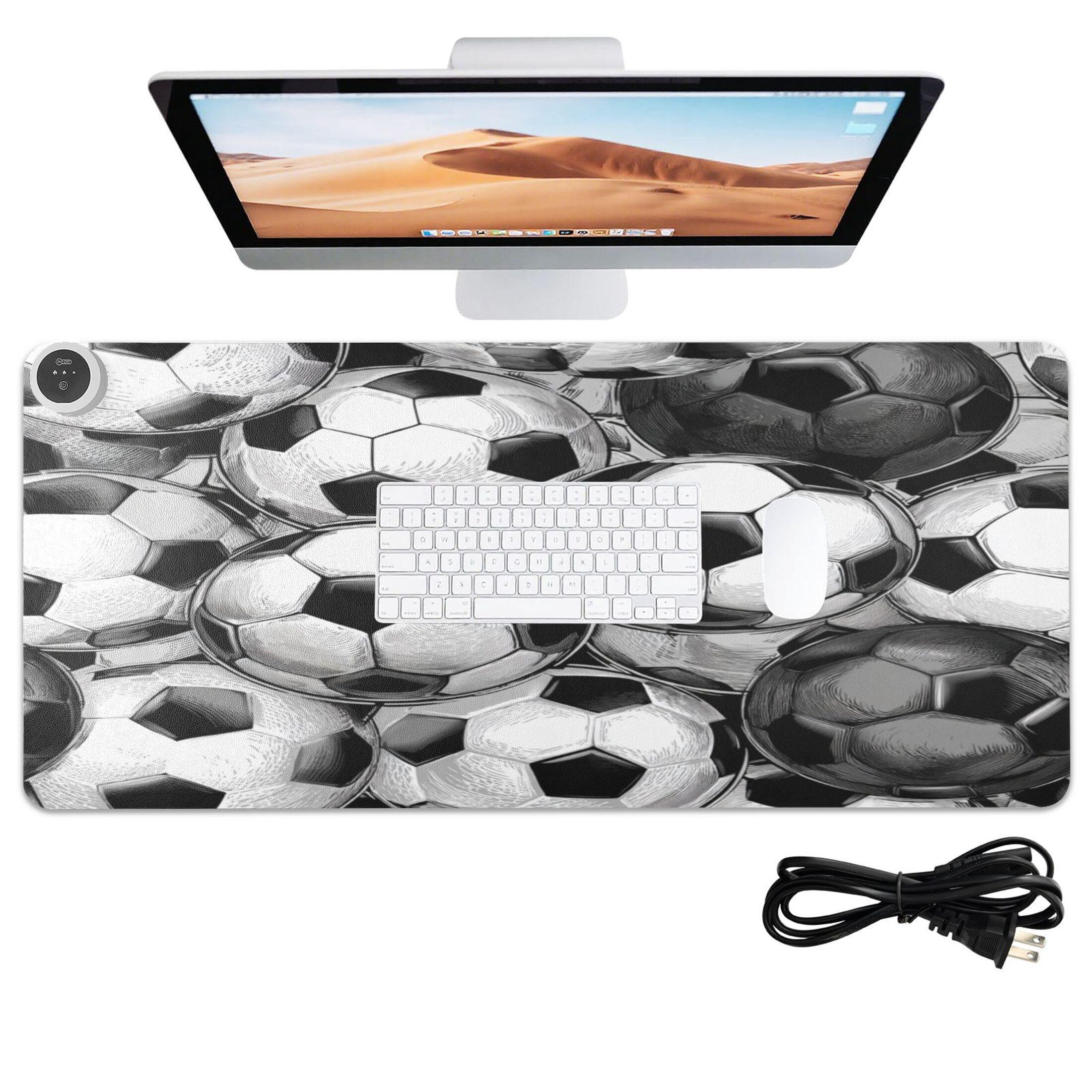 Large Heated Desk Mat Mouse Pad 31.5"x13"PU Leather Graphene Heating Desk Warmer with 3 Temperature Settings 110V US Plug Non-Slip Warm Pad for Home, Office, and Gaming Vintage Soccer Ball Collage