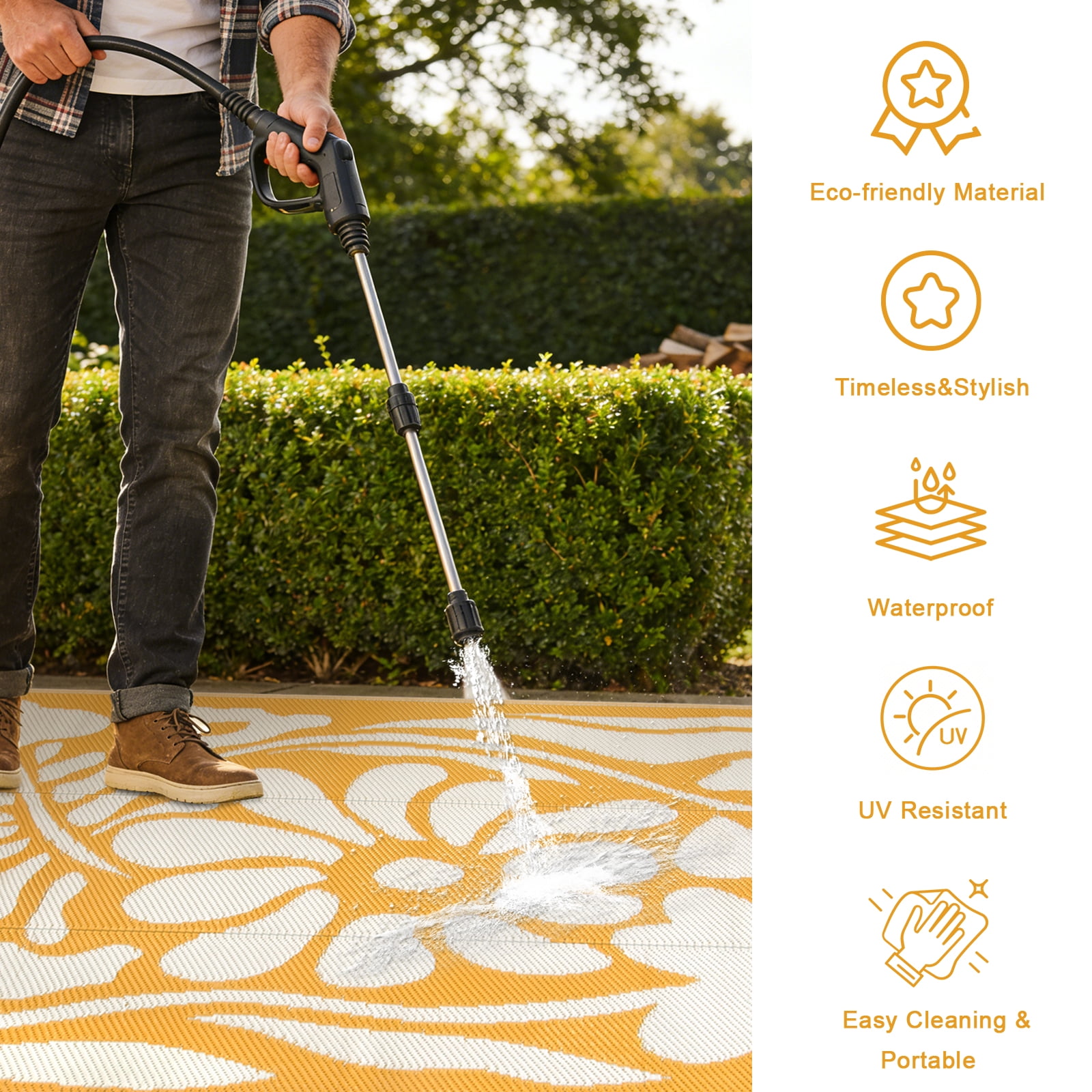 Lahome 6'x9' Outdoor Camping Rug - Waterproof Reversible Straw Mat,Abstract Floral Pattern for Camper, Garden & Beach (Orange)