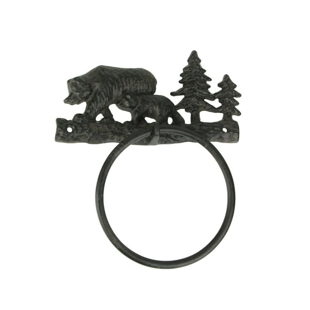 Rustic Cast Iron Black Bear Mother and Cub Towel Ring
