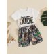 thumbnail image 4 of Conjunto de pantalón corto para bebé niño, camiseta de manga corta con estampado de letras y pantalón corto con estampado de hojas. Conjunto de verano., 4 of 8