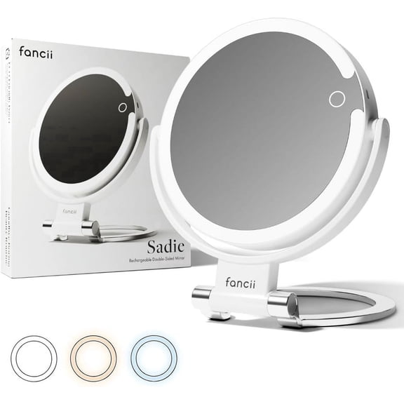 Fancii Sadie Travel Magnifying Mirror 10x /1x with Lights, Rechargeable | 9-Inch Extra Large LED Lighted Makeup Mirror, Folding Double Sided Portable Vanity Mirror, 3 Light Settings, Touch Sensor