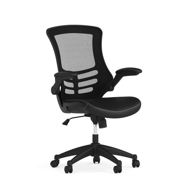 Mid-Back Black Mesh Swivel Task Chair with Leather Seat and Flip-Up Arms