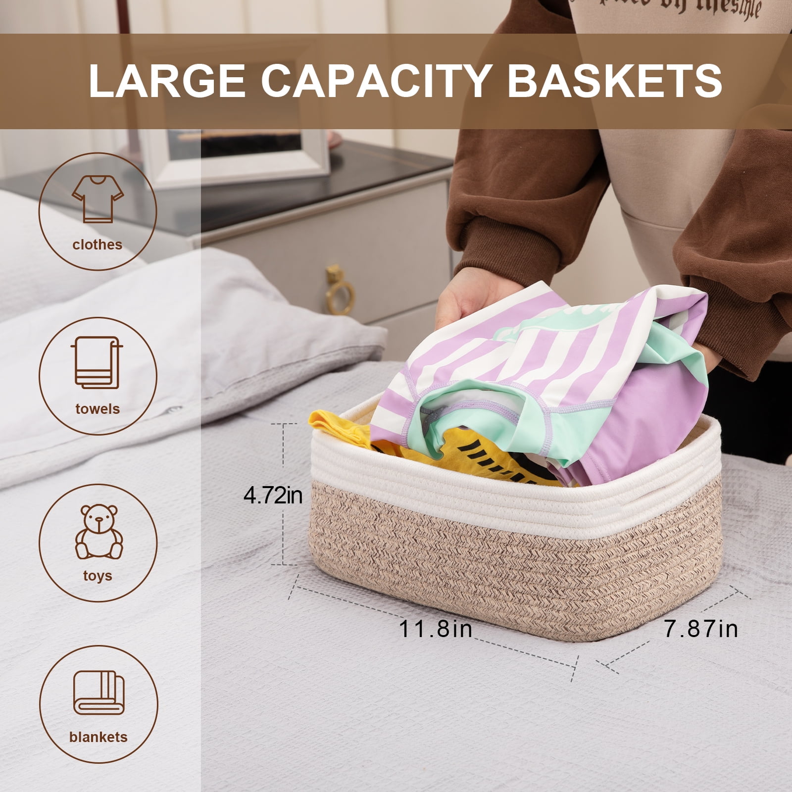 CHERISHGARD 4 Pack Woven Storage Baskets ，Cotton Rope Basket for Toy，Book and Blankets