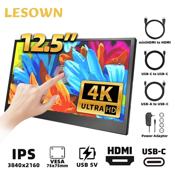 LESOWN 2K Portable Widescreen 12.5 inch IPS Secondary Monitor FHD 1920x1080 USB C HDMI Laptop Sub Screen for Gaming Computer