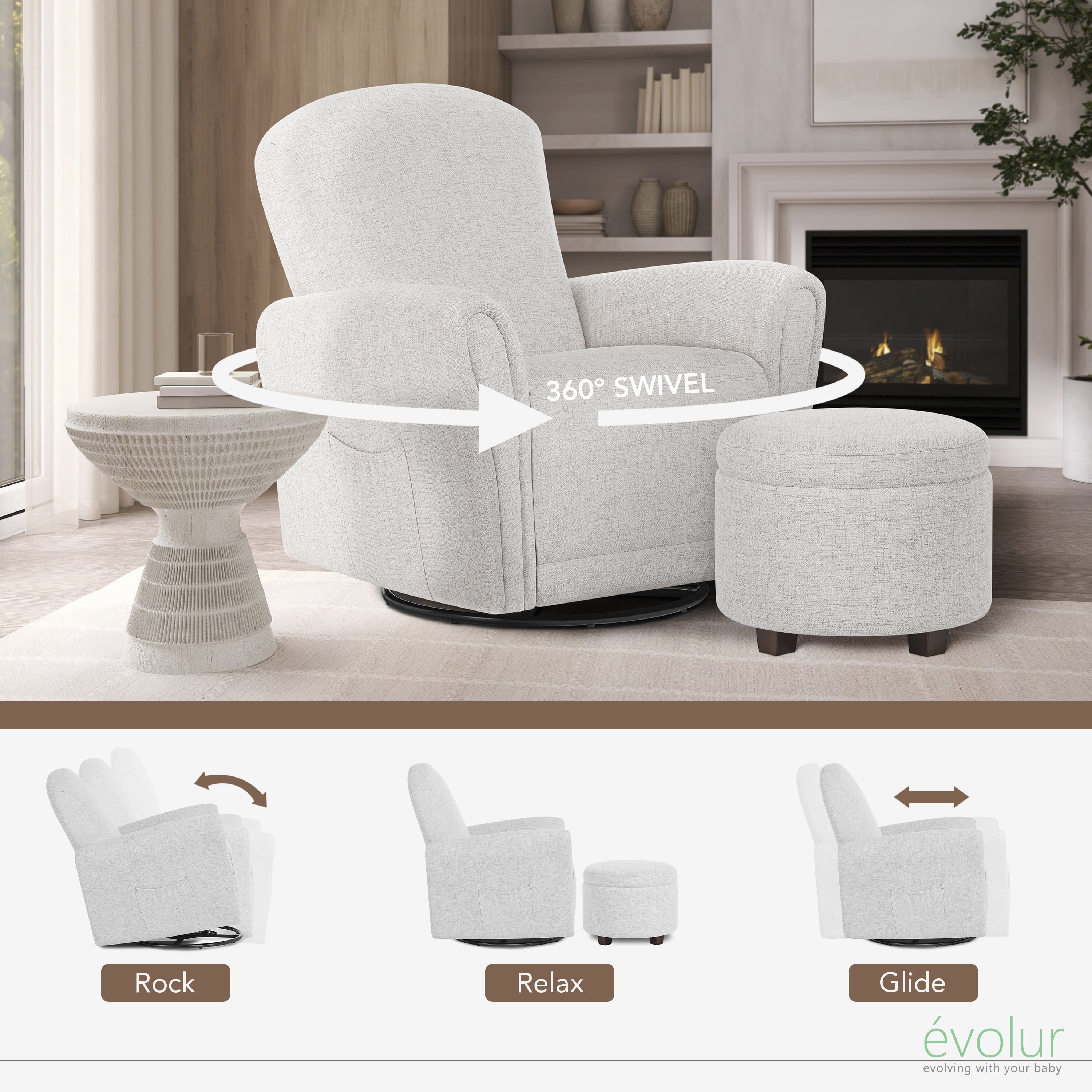 Evolur Vienna Swivel Glider with Ottoman, Greenguard Gold Certified, Made from Sturdy and Sustainable FSC-Certified Wood, Fog
