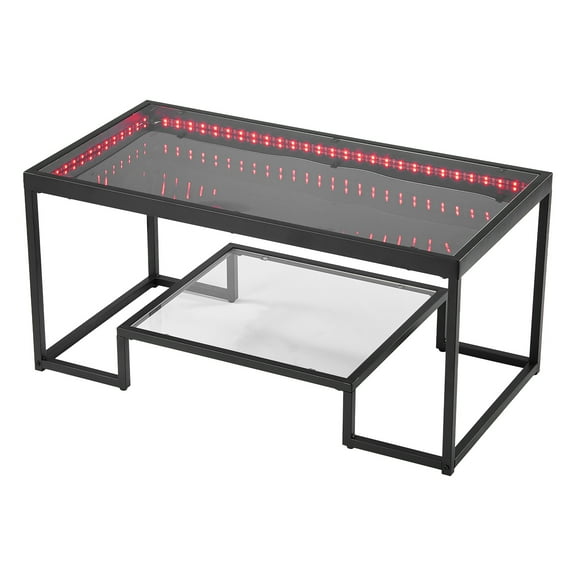 KFFKFF Modern Coffee Table with Tempered Glass and Lighting, Two-Tier Rectangular Design with Open Storage, Sleek Metal Accent End Table for Living Room or Office, Simple Assembly