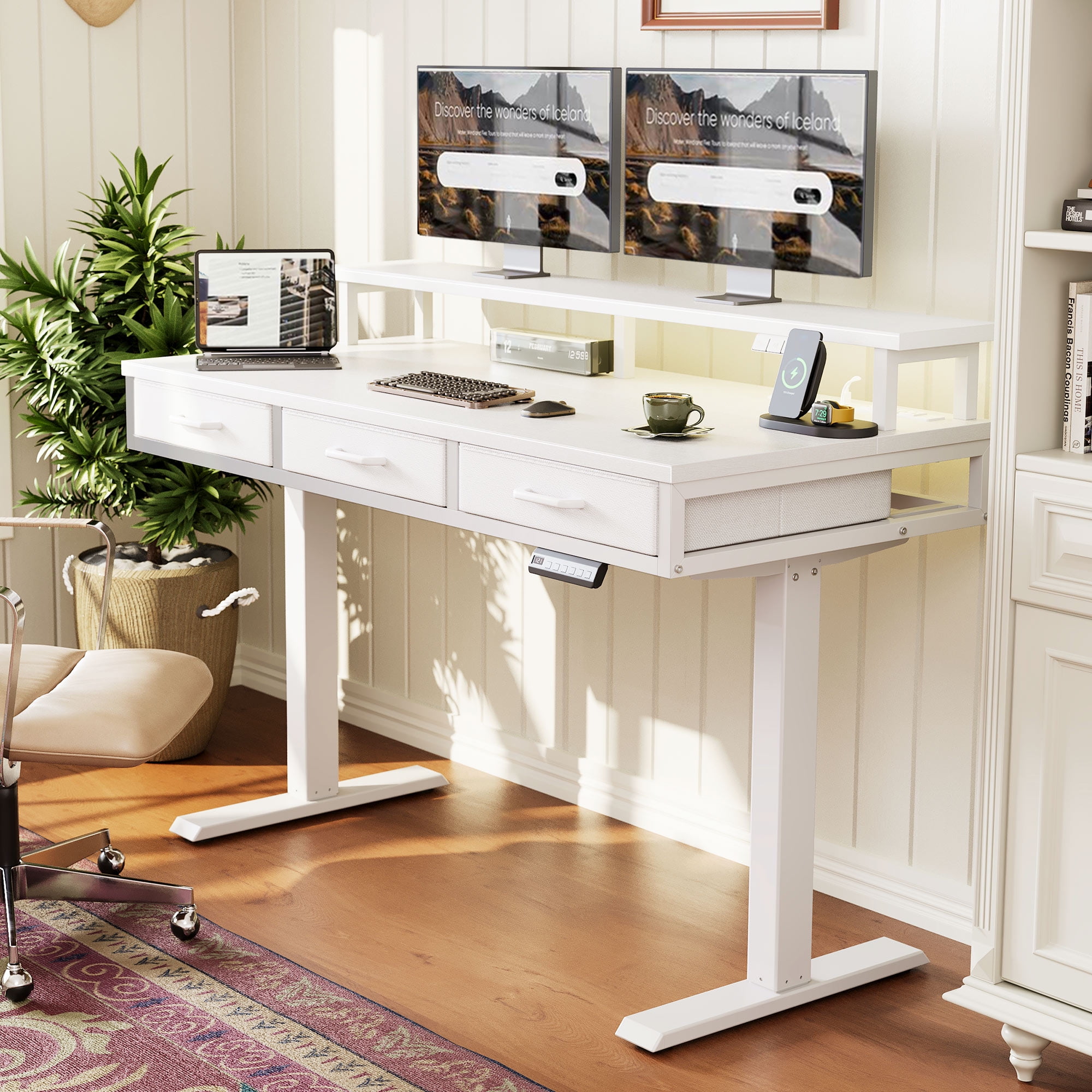 Casacomoda 55 inch Electric Standing Desk with Power Outlets and LED Lights, Adjustable Height Sit Stand Desk with Monitor Shelf & 3 Fabric Drawers for Home Office, White