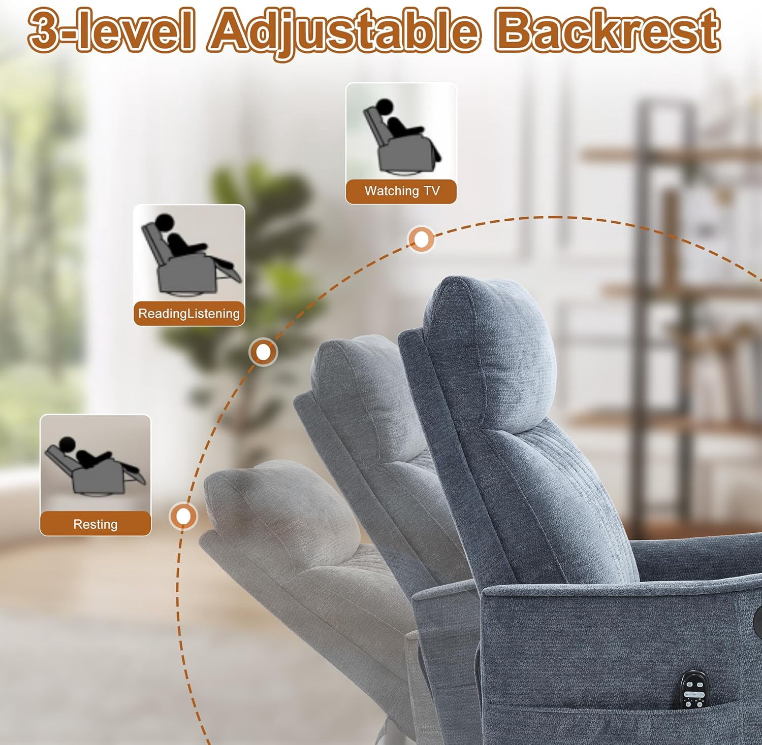 AENKYO Swivel Recliner Chair, Manual Rocking Massage Chair, Heated for Adults, for Living Room,Blue Chenille