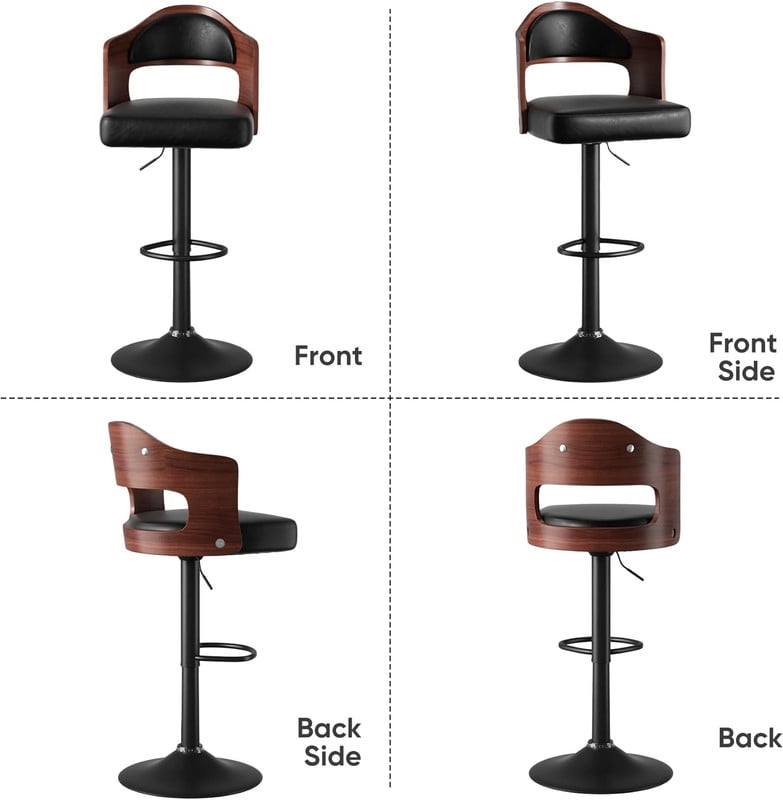 Hawsaiy Wooden Bar Stools Set of 4, Adjustable Height 24.5-33.5IN, Wooden Bar Chairs with PU Leather Upholstery, Back & Footrest for Kitchen, Dining, and Home Bar