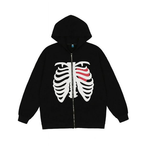 In Stock Fashion Esqueleto Impresión Anime Hombres Mujeres Manga Larga Cremallera Sudadera Con Capucha Chamarra Suelta Streetwear Y2K Jerseypangjing
