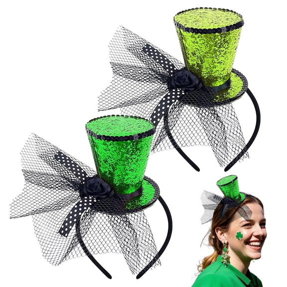 2PCS St. Patrick's Day Mini Top Hat Headband, Green Bow with Rose, St Leprechaun Top Hat Headbands Irish Festival Hair Accessory