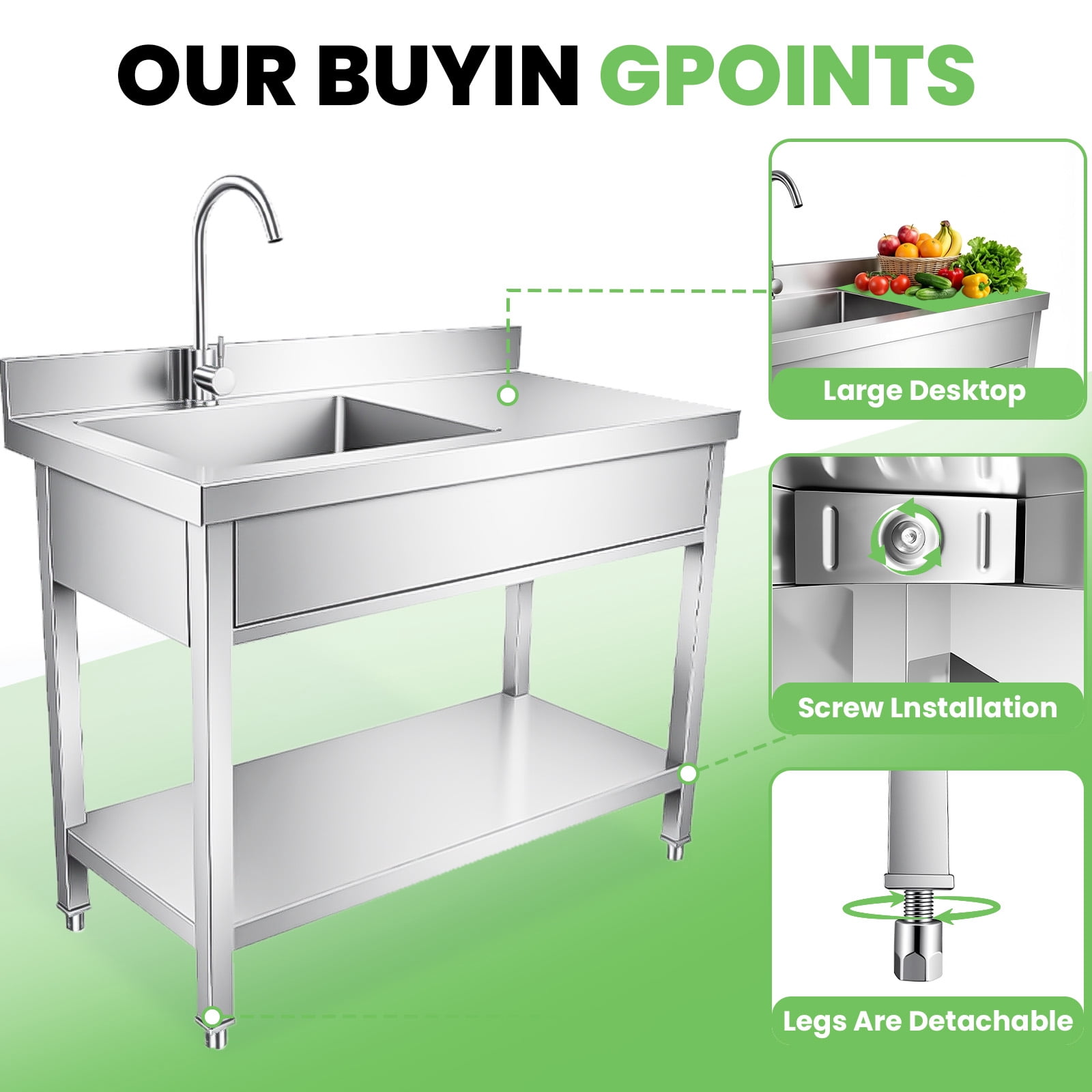 Washing Hand Basin, Stainless Steel Sink, Single Bowl Kitchen Utility Sink, Laundry Sink with Workbench Anti-Fingerprint Easy to Clean for Home and Commercial Laundry