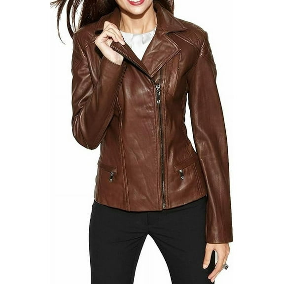 HOT Women's Genuine Brown Lambskin Real Leather Jacket Stylish Collared Biker Coat W416