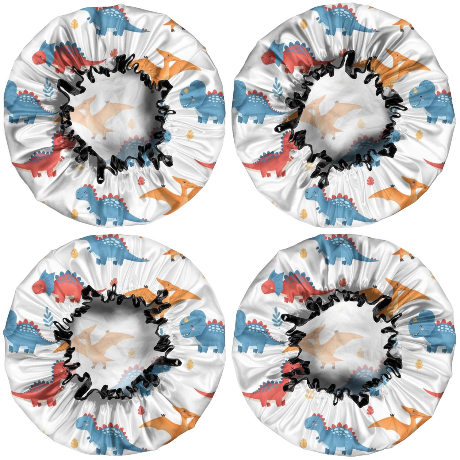 Shower Caps,White Cartoon Dinosaurs Pterosaurs Pattern Waterproof Shower Cap for Women 4 Pieces,Double Reusable Hair Cover for Shower PEVA Elastic Stretch Hem