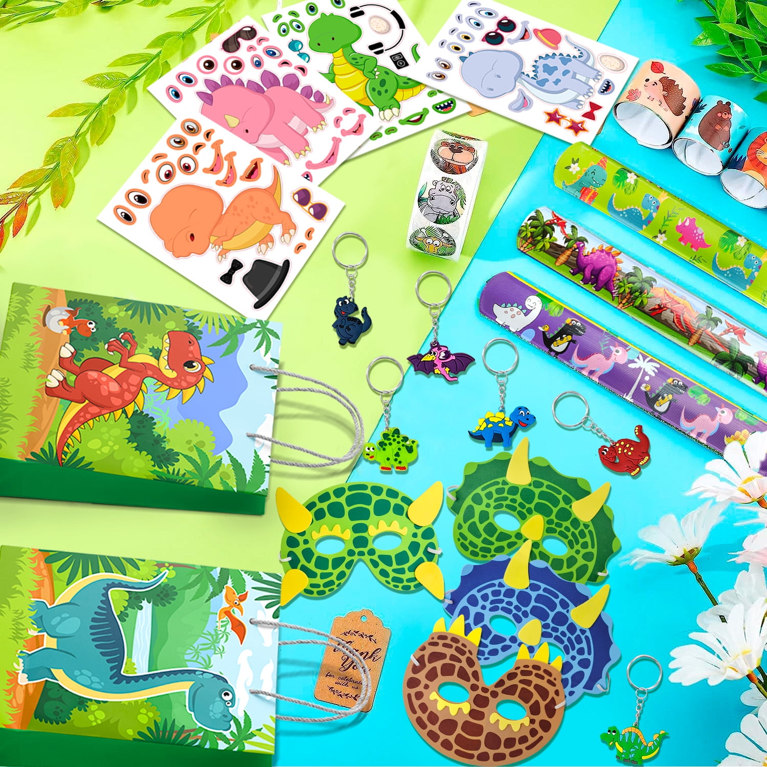 Dinosaur Party Favors for Kids, 96pcs All-in-One Dinosaur Birthday Party Favors Set - Dino Party Favor Bags Keychains Stampers Stickers Toys Clap Bracelets etc Dinosaur Birthday Party Supplies