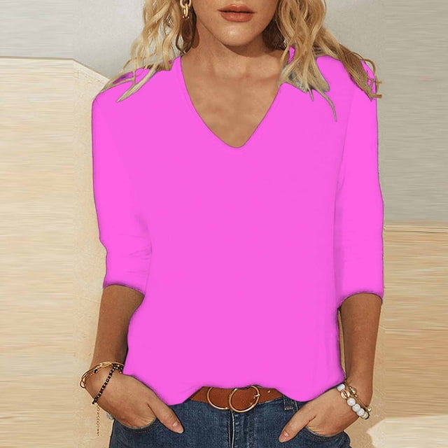 Simua Hauts à Manches Longues pour Femmes Col en V T-Shirts Unis Décontractés Coupe Ample Blouse Pull