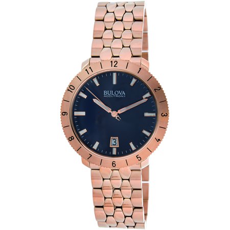 Accutron Black Bracelet - Bulova 97B130 Men's Accutron II Moonview Blue Dial Rose Gold Steel Bracelet Watch