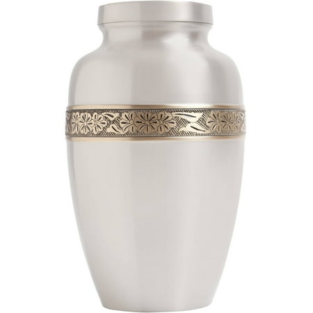 Wildflowers Funeral Urn, Cremation Urn for Human Ashes, Hand Made in Brass and Hand Engraved, Large Size: Fits the Cremated Remains of Adults, Silver