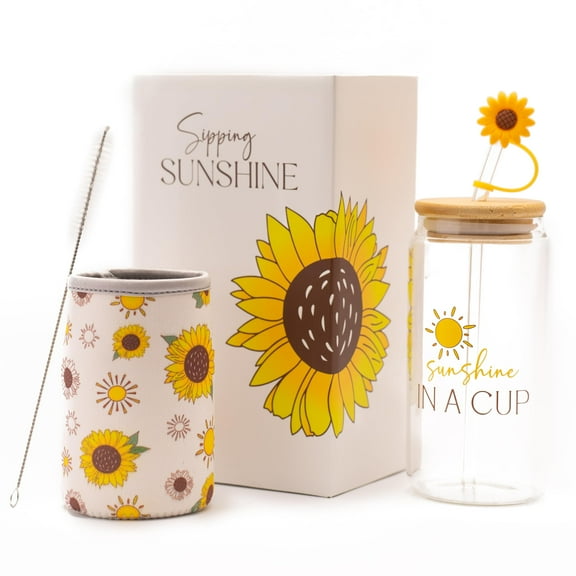 The Love Crate Co. Sunflower Gifts for Women - Glass Tumbler with Lid and Straw, Customized Straw Stopper and Cup Sleeve. Aesthetic Unique Design Iced Coffee Gift Cup for Mom, Teacher, Friend