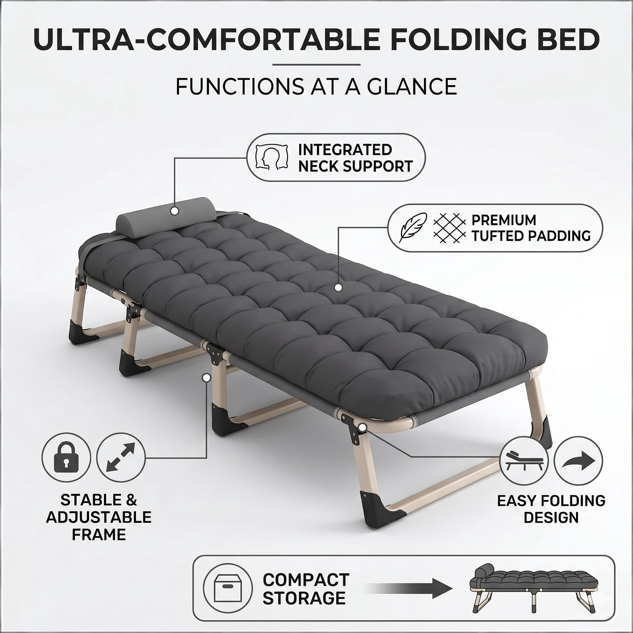 Howcool Patio Folding Chaise Lounge Bed, Ergonomic Single Reclining Cot, Portable Heavy Duty Outdoor/Indoor Folding Bed for Garden, Patio, Camping & Office
