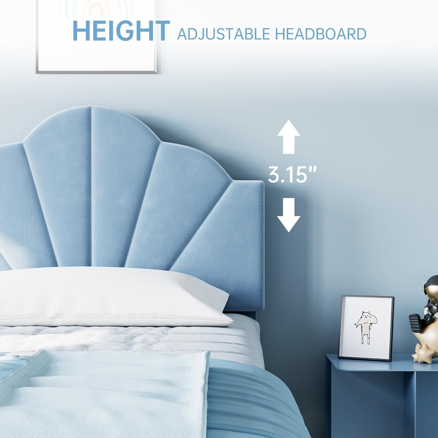 Towallmark Twin Bed Frame, Velvet Upholstered Platform Bed Frame with Height Adjustable Headboard for Boys & Girls, Wood Slat Support, Easy to Assemble, No Box Spring Needed, Light Blue