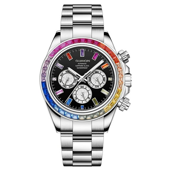 GUANQIN Vintage Diamond Dial Japanese Automatic Self-Winding Mechanical Men Wrist Watch Business Stainless Steel Sapphire Crystal Waterproof Clock Luminous Week Month