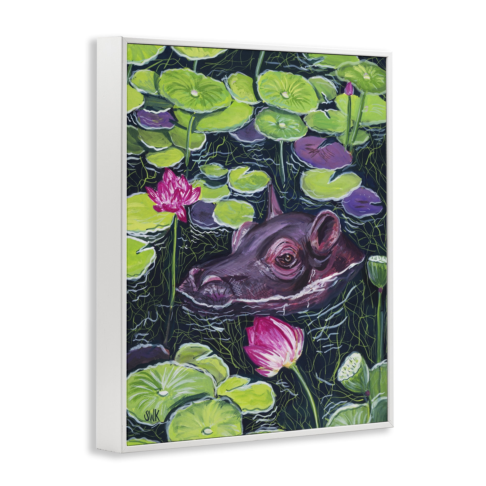 Stupell Industries Hippo & Blossoms Pond White Framed Giclee Art, design by Sarah Waldron Kimball